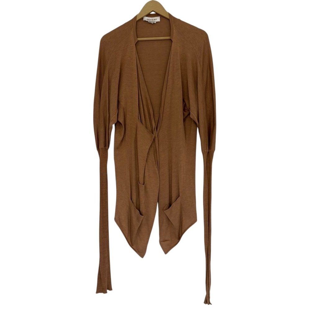 Yves Saint Laurent Size Medium Brown Silk Blend Puff Shoulder Cardigan Pockets‎
